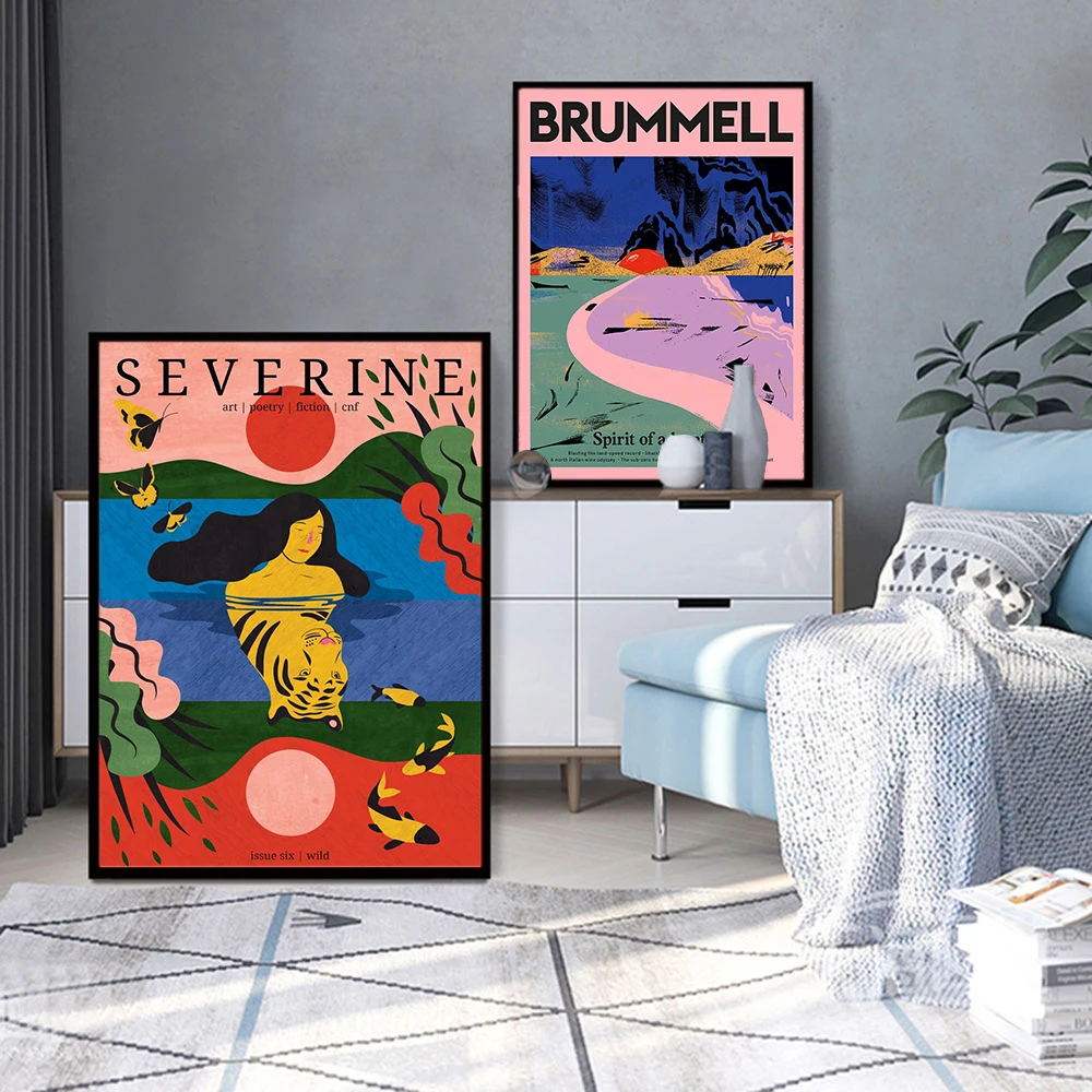 

Retro Boho Style Girl Tiger Fish Canvas Poster Nordic Art Print Painting Pink Brummell Picture On The Wall For Living Room Decor