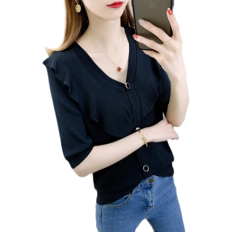 

19971 (6 3 ranked no. 3) make v-neck pure color ice silk turtleneck single-breasted knitting 35 with short sleeves