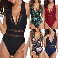 2021 swimsuit women one piece sexy monokini hollow out mesh deep v neck plunge bathing suit backless bodysuit plus size beach