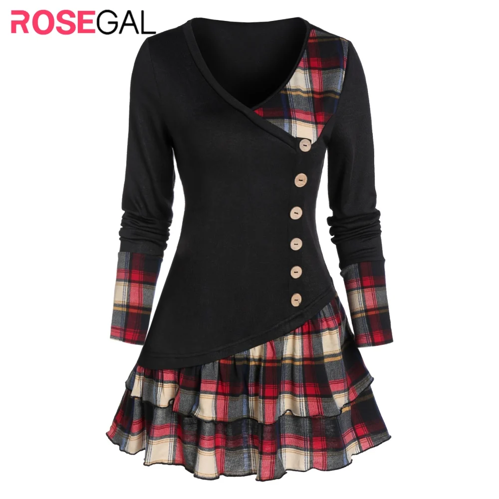 Женская клетчатая футболка DRESSFO длинная с длинным рукавом и v-образным вырезом на
