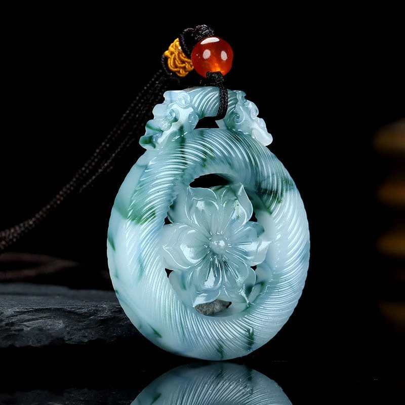 

Natural Blue and White Hand Carved Lotus Jade Pendant Fashion Boutique Jewelry Men's and Women's Flower Rich Necklace Accessorie