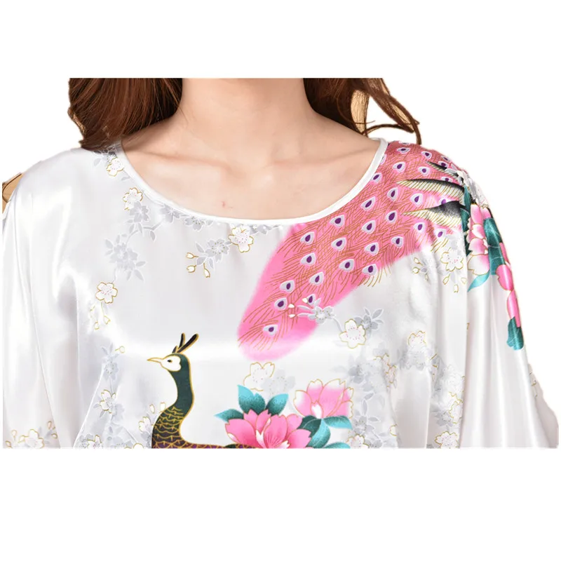 

Summer Lounge Home Dress Printed Peacock Yukata Nightgown Hot Sale Chinese Women'S Silk Sleepwear Robe Lounge Set