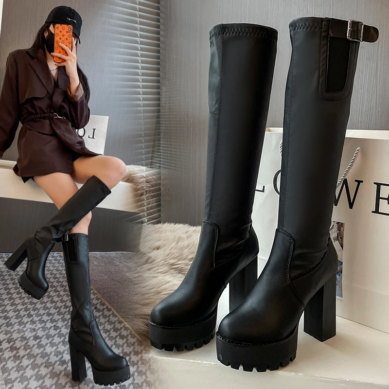 

Sexy slim long boots women's autumn and winter 2021 new thick heels plus velvet warm high-heeled stretch knee leather boots