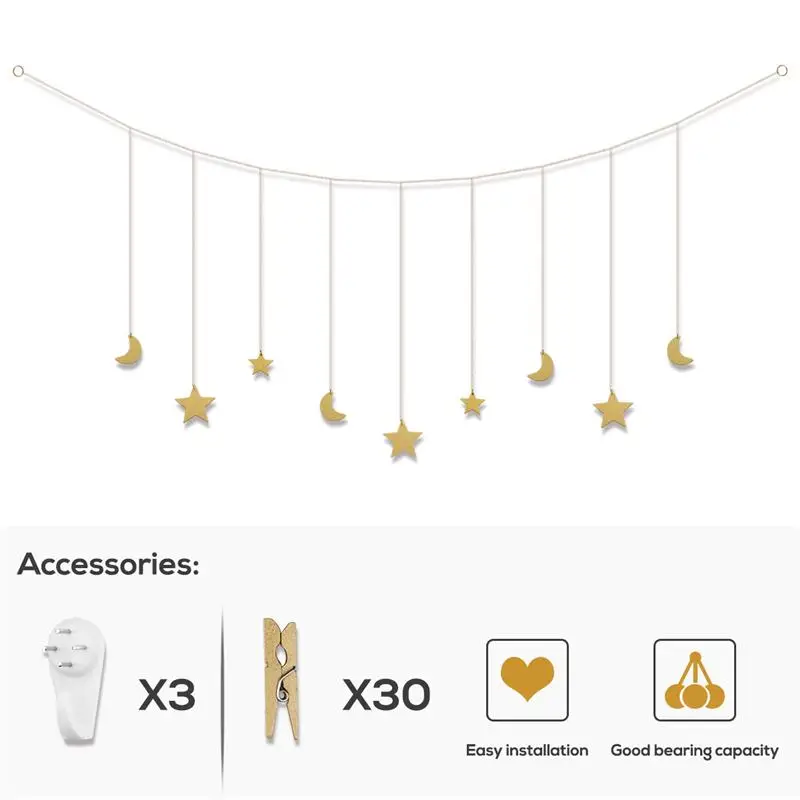 

Hanging Photo Display Wood Stars Garland with Chains Picture Frame Collage with 30 Wood Clips Wall Art Decoration