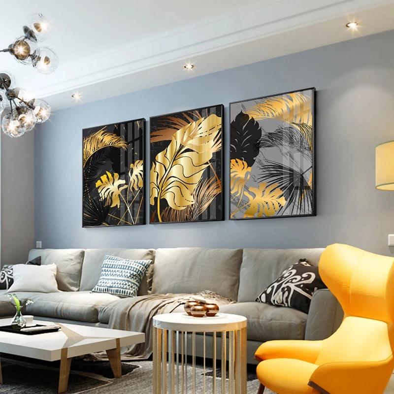 Плакат на холсте с изображением черных золотых листьев и растений в