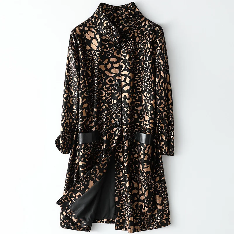 Spring Standing Collar Sheepskin Coat Office Lady Windbreaker Long Loose Large Outwear Casual Printed Single Breasted Jacket