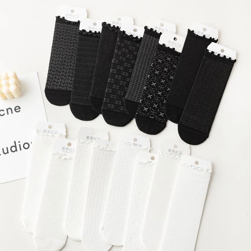 

Girls lace socks Japanese pile socks hollow wood ear spring and summer thin breathable leather shoes and socks lace