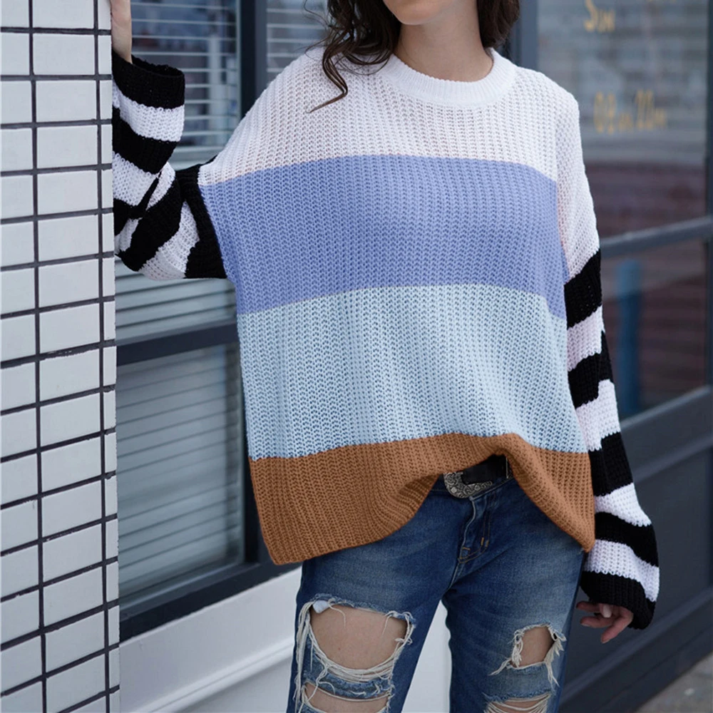 

Autumn Winter Knitted Striped Sweater Women Long Sleeve Patchwork Sweaters and Pullovers Casual Loose Oversized Sweater Tops