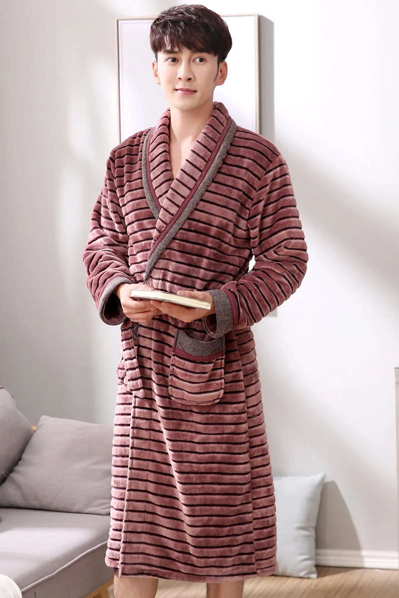 

New Arrival Winter Casual Striped Flannel Male Nightwear Men Bathrobe Belt Elegant Bathroom Spa Thick Coral Fleece Men Robe XXXL