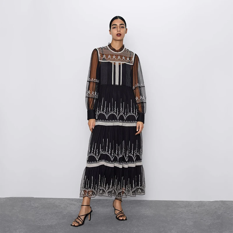 2019 ZA Новое Кружевное Макси платье для женщин с круглым вырезом Сетчатое вышитое