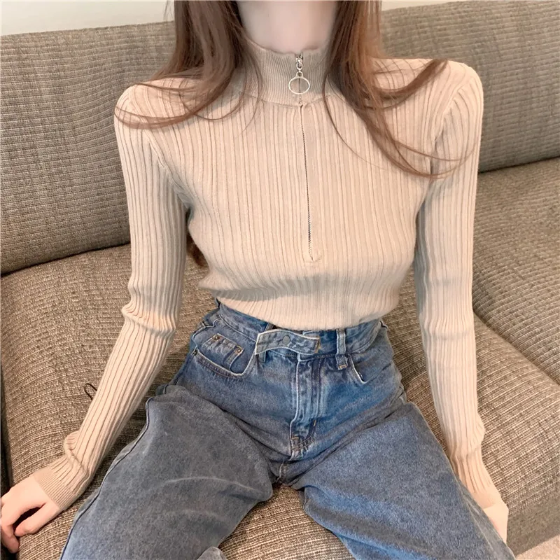 

Lucyever Zipper Turtleneck Women's Sweater 2020 New Autumn Casual Slim Fit Basic Pullovers Woman Korean Vintage Solid Jumpers