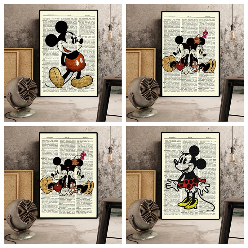 

Cartoon Retro Mickey Minnie Mouse Posters Disney Animated Character Prints Painting on Canvas Wall Art Pictures Kids Room Decor