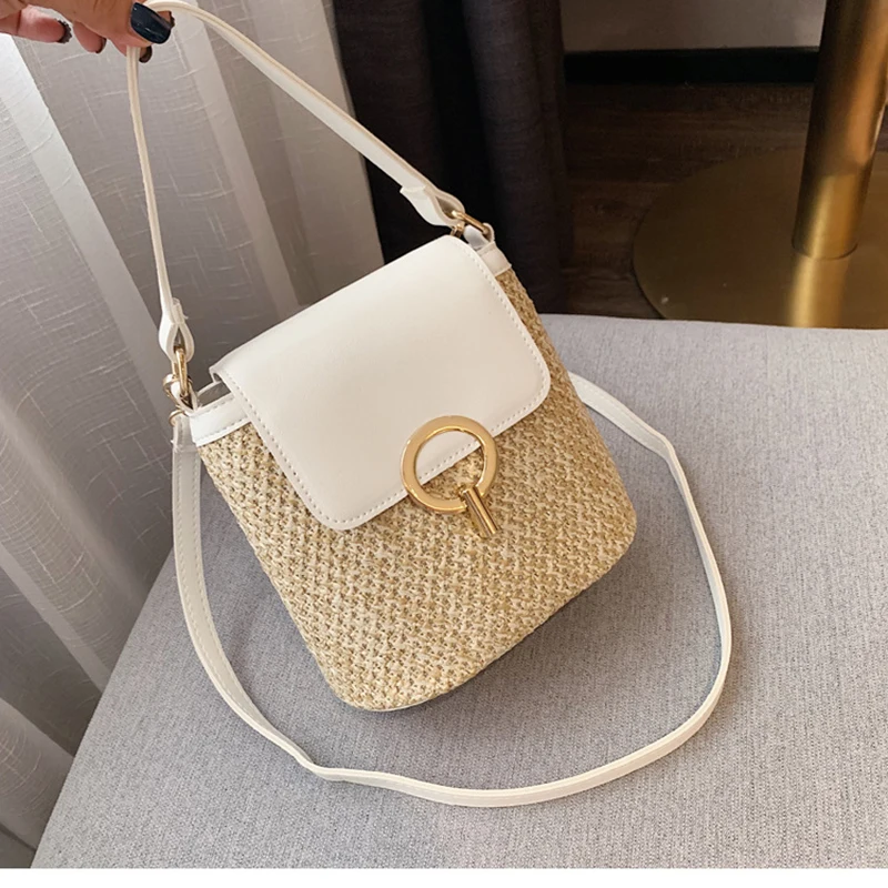 

Fashion Straw Shoulder Messenger Bags Women's Designer Luxury Woven Bucket Bag 2021 New Summer Beach Straw Bag Female Handbag