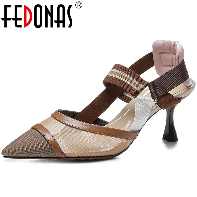 

FEDONAS Concise Fashion Women Casual Pointed Toe Cow Leather Mesh Mixed Colors Sandals Strange Heel Summer New Shoes Wowan