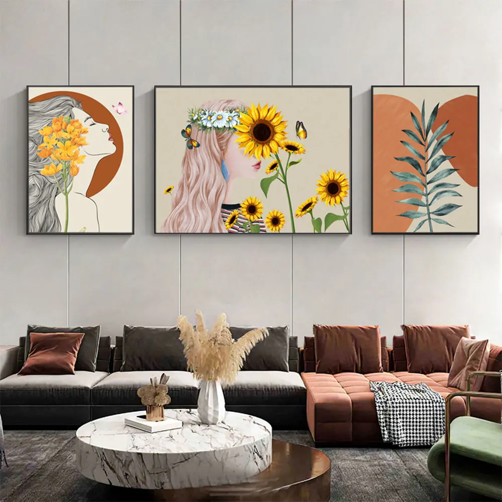 

Wall Art Painting Character Picture Nordic Simple Canvas Painting Sunflower Leaf Combination Home Decoration Painting