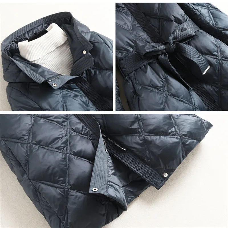 

Boutique women's long over-the-knee diamond plaid hooded down jacket 2020 winter new warm jacket belt