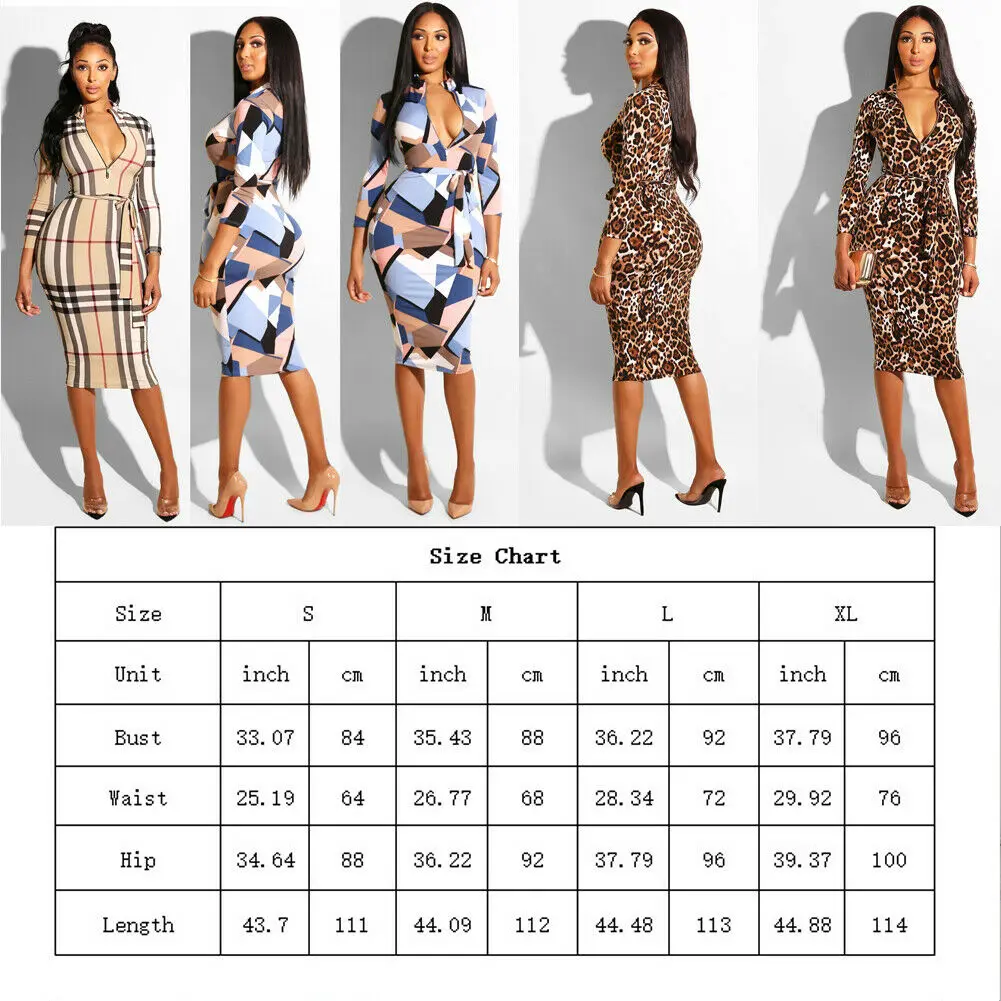 

Sexy Fashion Women Long Sleeve Zipper Deep V neck Leopard Print Belted Bodycon Bandage Clubwear Party Midi Hip Pencil Dress