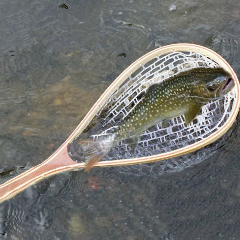 

Fly Fishing Landing Net Wooden Handle Rubber Landing Handle Trout Mesh Fish Catch Release Scoop Fishing Tool