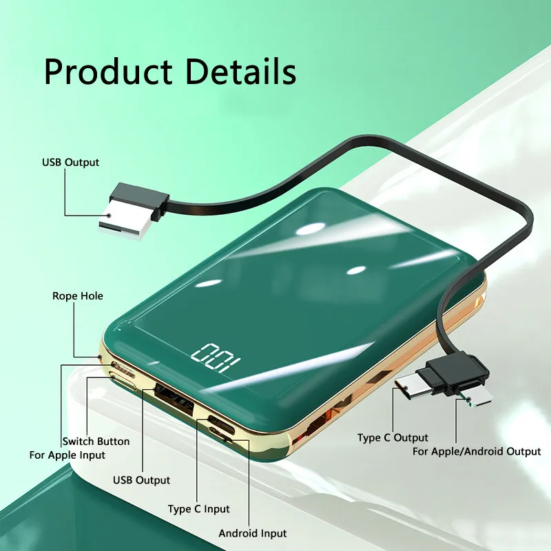 

Power bank mobile power bank with built-in cable is suitable for iPhone Samsung Huawei portable external battery mobile charger