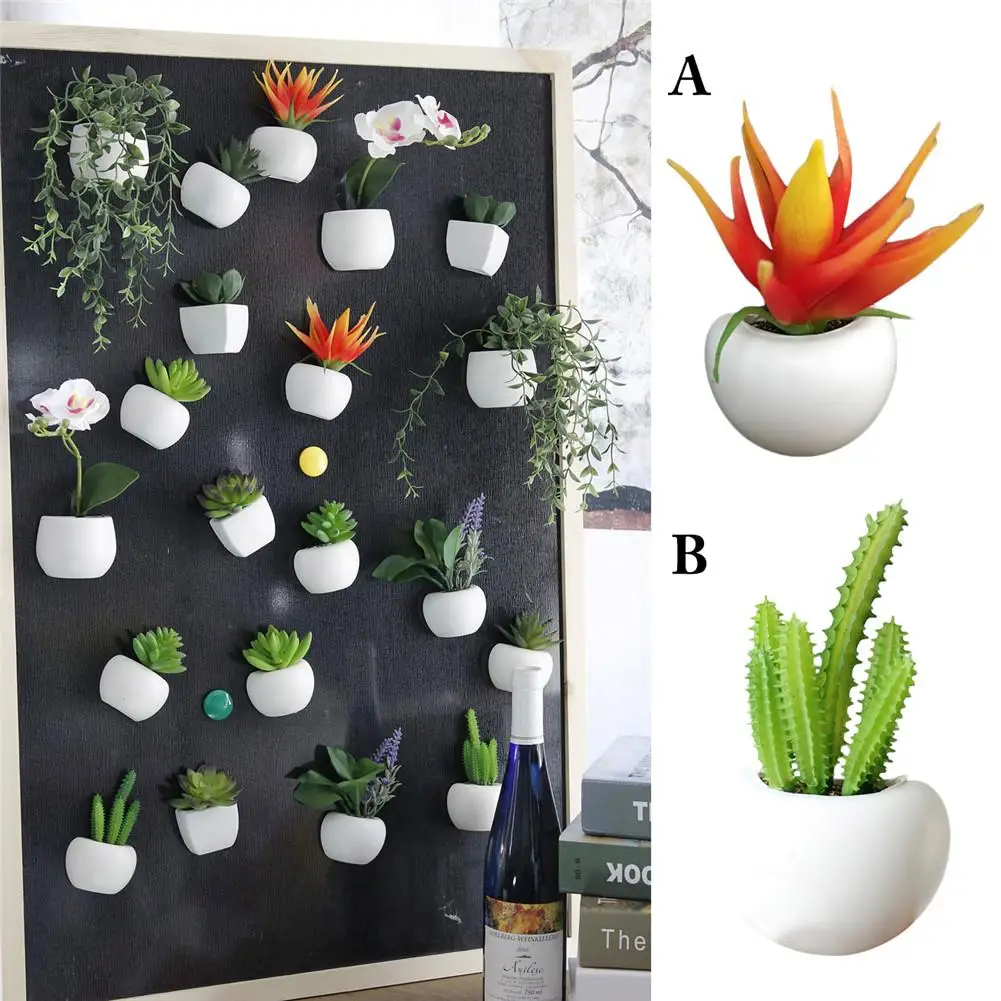 

2021 3D Artificial Flower Magnet Succulent Plant Refrigerator Sticker Hanging Plant Vase Potted Decors Fridge Sticker