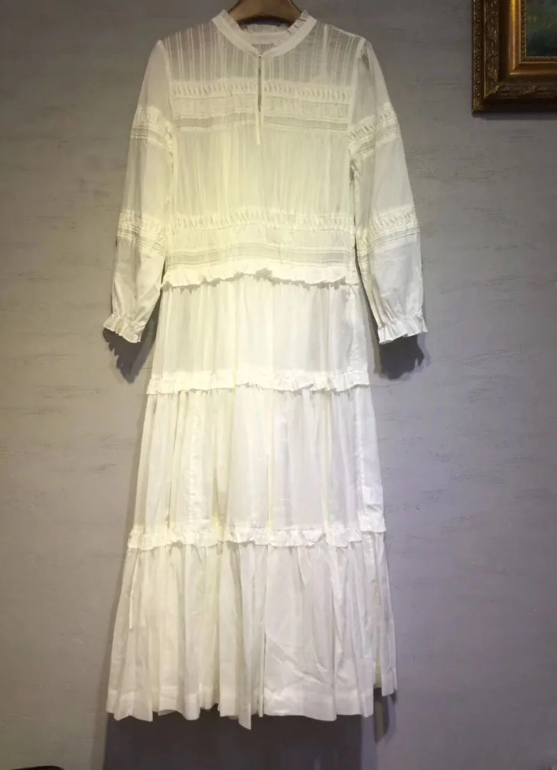 Женское Хлопковое платье миди с оборками длинными рукавами круглым вырезом и