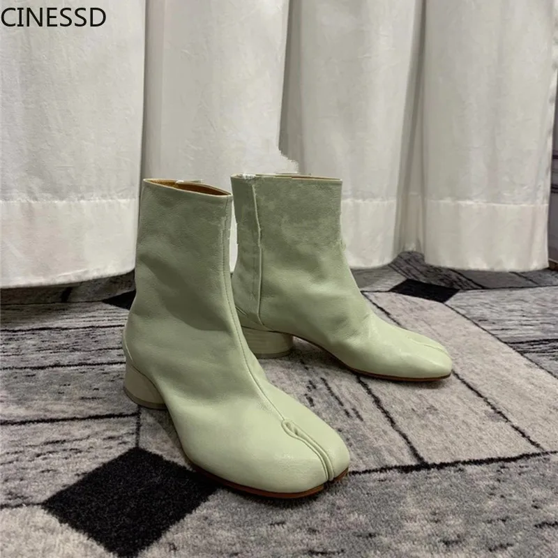 

Split Toe Ankle Boots Women Sheepskin Ninja Tabi Boots Genuine Leather MM6 Round Heels 3cm/8cm Heel Woman Shoes Female Boots