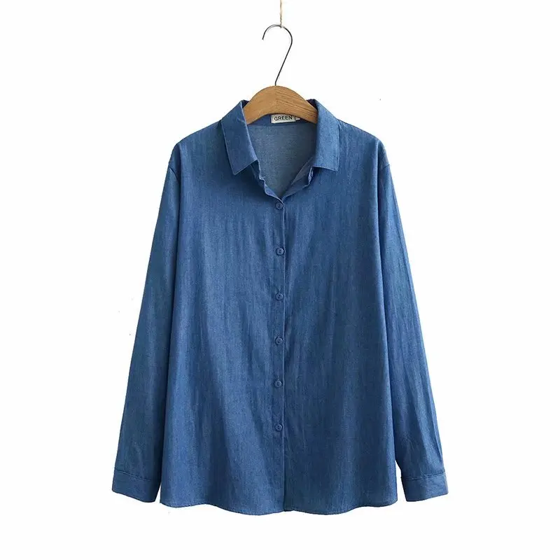 

Plus size solid blue cotton women loose shirts 2021 new spring autumn casual ladies soft jeans shirt female blouse tops