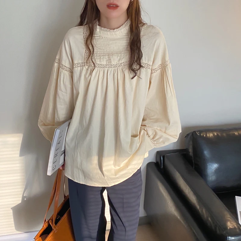 

HziriP Women Shirts 2020 Autumn Blouses Vintage Stand Collar Hollow pleated Elegant Casual All Match Female Office Lady Tops