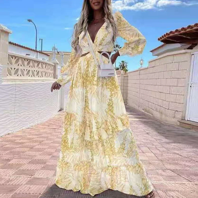 

Women Plus Size Summer Floral Print Dress Sexy V-neck Hollow Out Long Sleeve Long Dress 2021 Elegant Party Maxi Dresses Vestidos