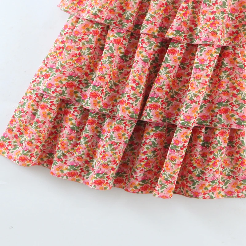 

2021 Women's New Pink Print O-Neck Dress Butterfly Sleeve Waist Cake Dress