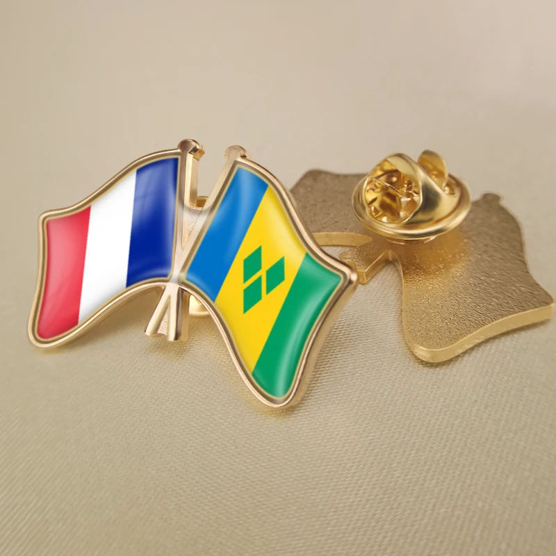 

France and Saint Vincent and the Grenadines Crossed Double Friendship Flags Lapel Pins Brooch Badges