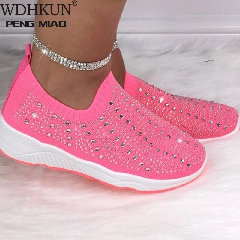 

2021 New Knit Mesh Crystal Sneakers Women Comfortable Breathable Flat Shoes Fashion Slip on Plus Size Casual Shoes Female