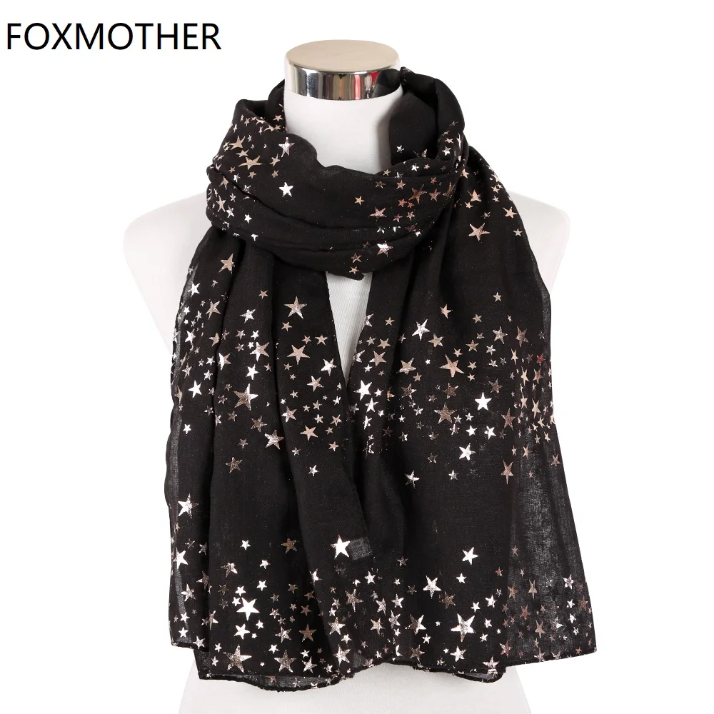 Женский хиджаб FOXMOTHER модный шарф с золотыми звездами из фольги черного серого