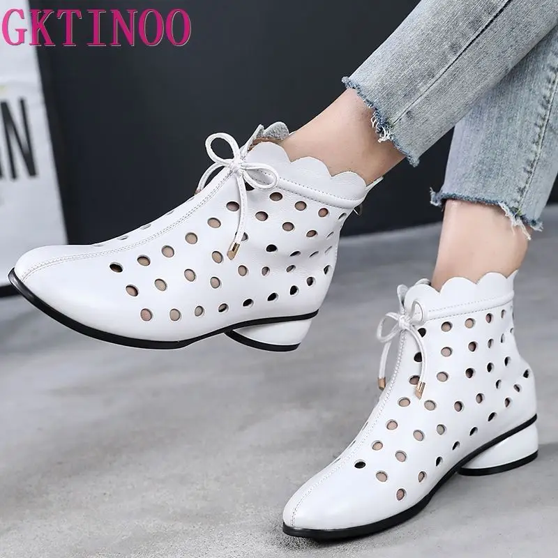 

GKTINOO 2023 Summer Ankle Boots Genuine Leather Shoes Women Med High Heel Back Zipper Boots Cutout breathable Mujer Zapatos