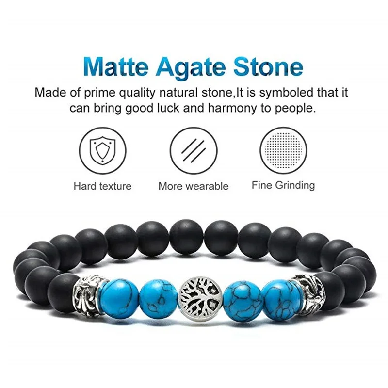 Черный матовый браслет из оникса 8 мм эластичный веревки с деревом жизни