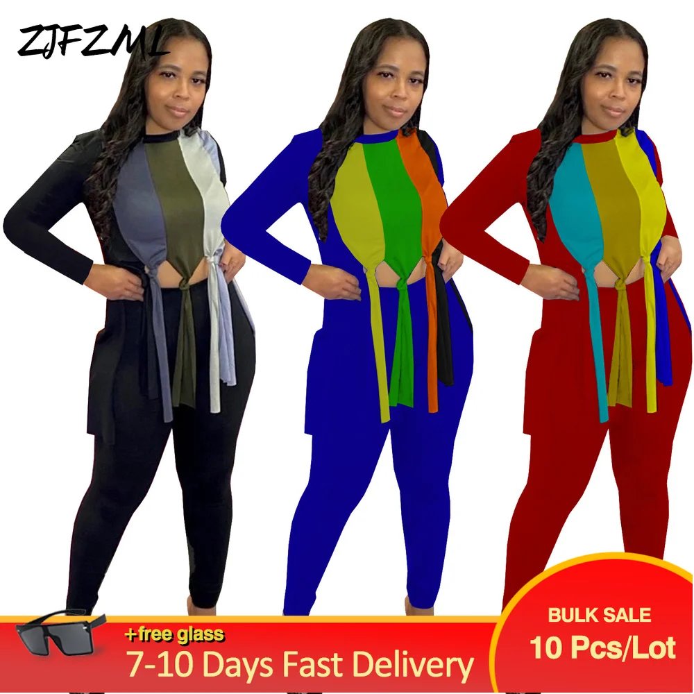 

Wholesale Bulk Items Lots Women's Tracksuit Colorful Tassels Full Sleeve Irregular T-shirt & High Waist Skinny Trouser Outfits