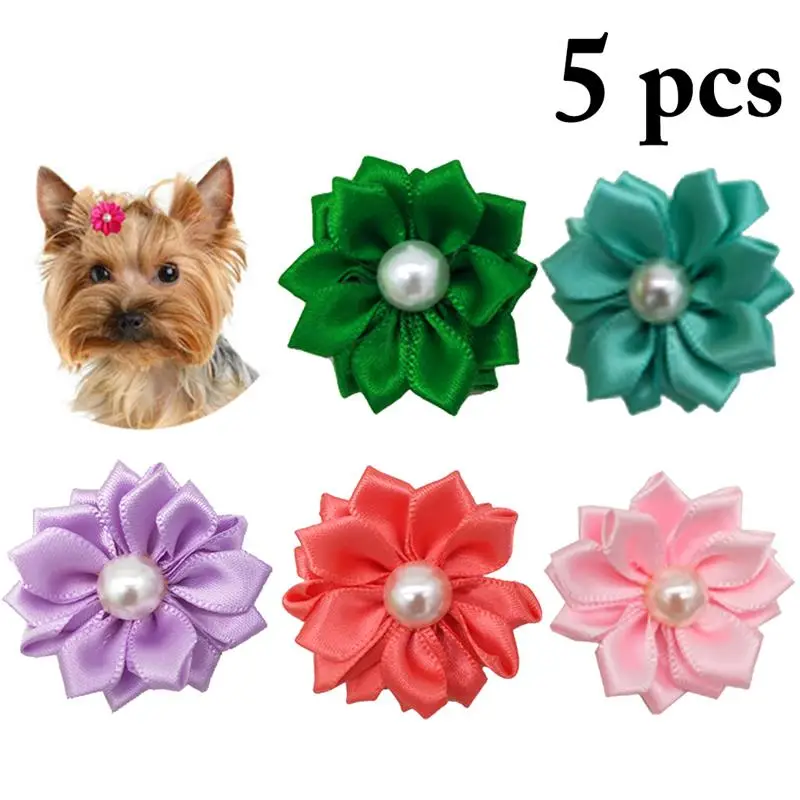 

5 Pcs/Set Pet Dog Hair Bows Hair Band Creative Puppies Kittens Bowknot Hair Clip With Flower Fake Pearl Decor Dogs Accessories