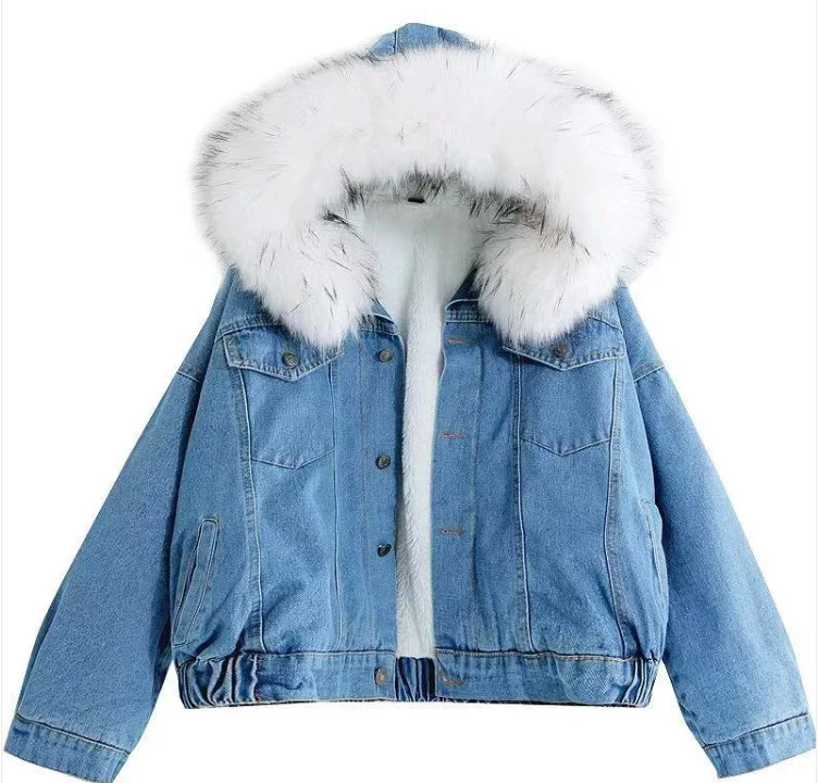Denim Jacket Women's Faux Fur Collar Winter Hooded Warm Denim Jacket Daily Basic Short Parka Women's Pilot Jacket  Winter Coat