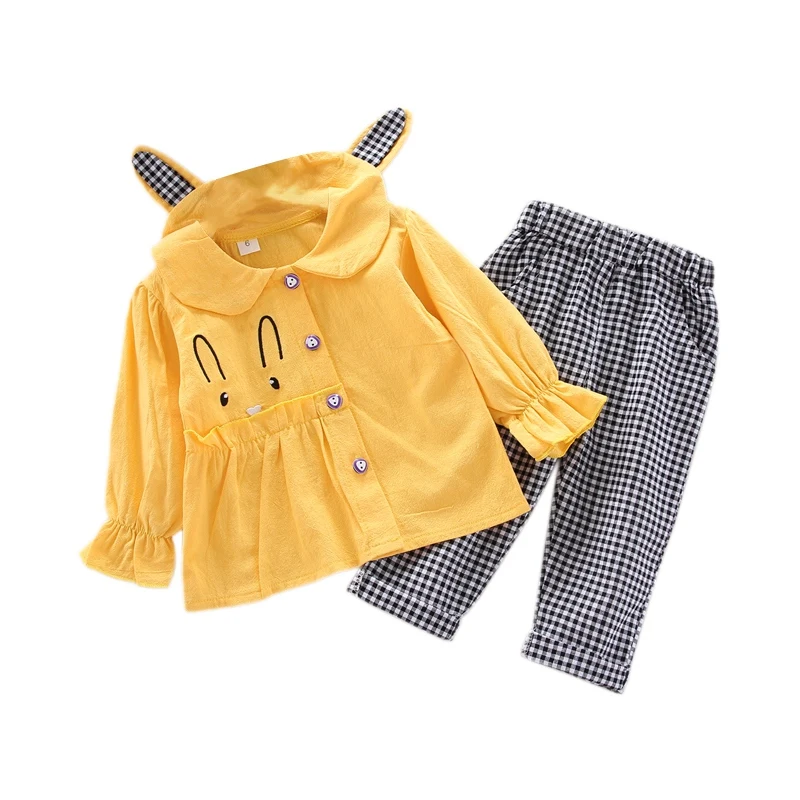 

Модный осенний костюм для маленьких девочек с мультяшным Кроликом, свитшот с длинным рукавом, топ + клетчатые брюки