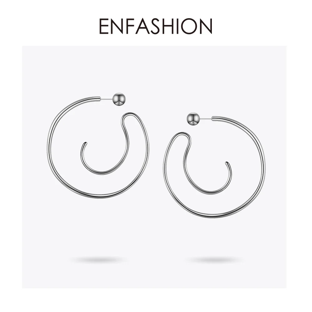 ENFASHION, большой круг обруч, серьги для женщин, аксессуары, золотой цвет, массивные шарики, кривые обручи, серьги, модное ювелирное изделие E191122 - Окраска металла: Silver Color