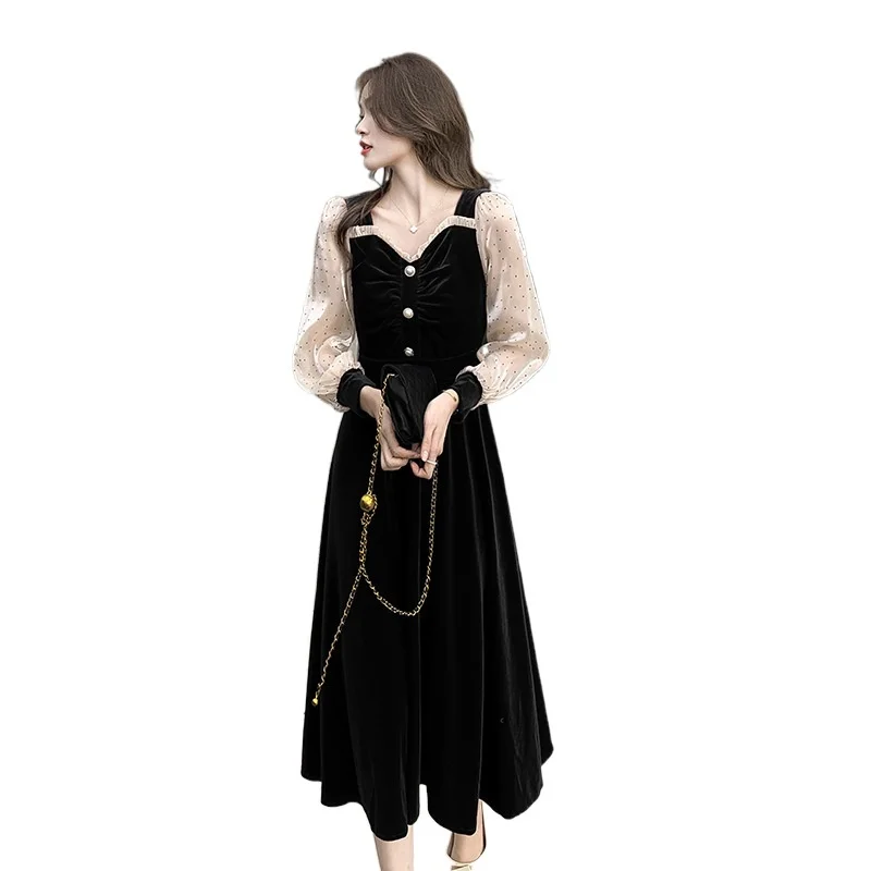 

Velvet dress spring and autumn women's dress 2021 new dress high-end temperament thin Hepburn style small black dress long dress