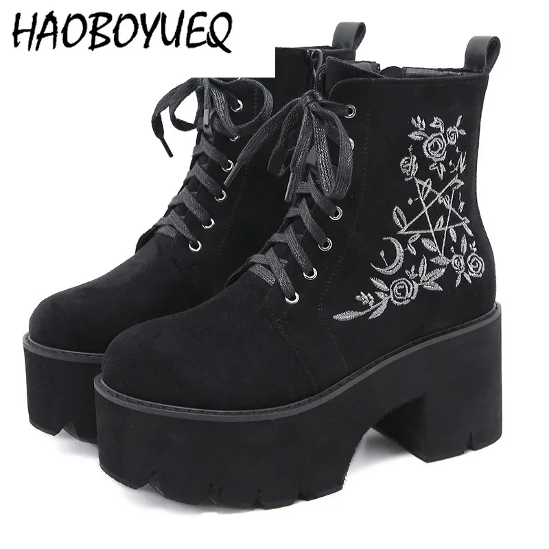 

Women's Fashion Work Boots winter Flower High heels black Thick bottom Bare boots Punk Suede Gothic Lace Up Back Zipper Shoes