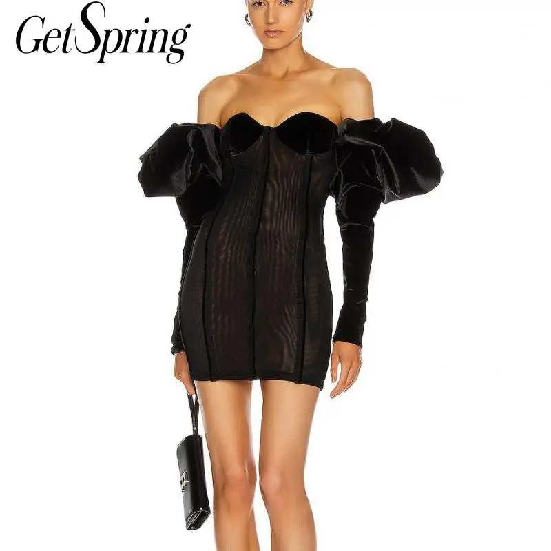 

Getspring Women Dress Puff Sleeve Velour Black Sexy Party Dress Women Long Sleeve Vintage Short Girl Fashion Dresses 2021 New