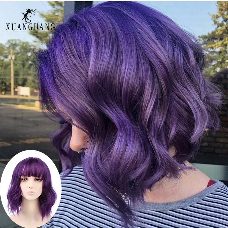 Синтетические парики фиолетового цвета с челкой для модных женщин короткий