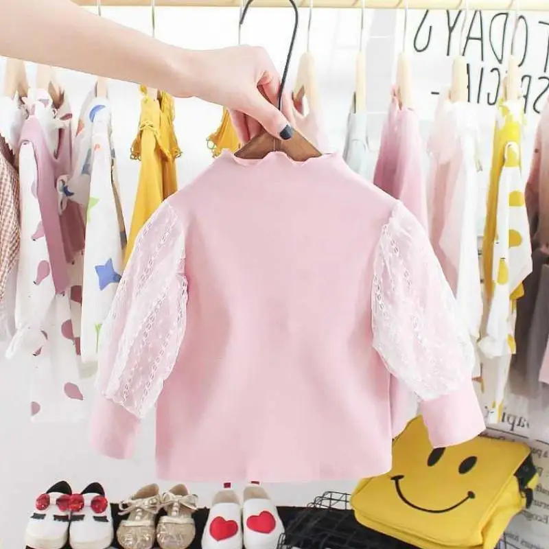 Демисезонная кружевная блузка для девочек рубашки с воротником хомутом