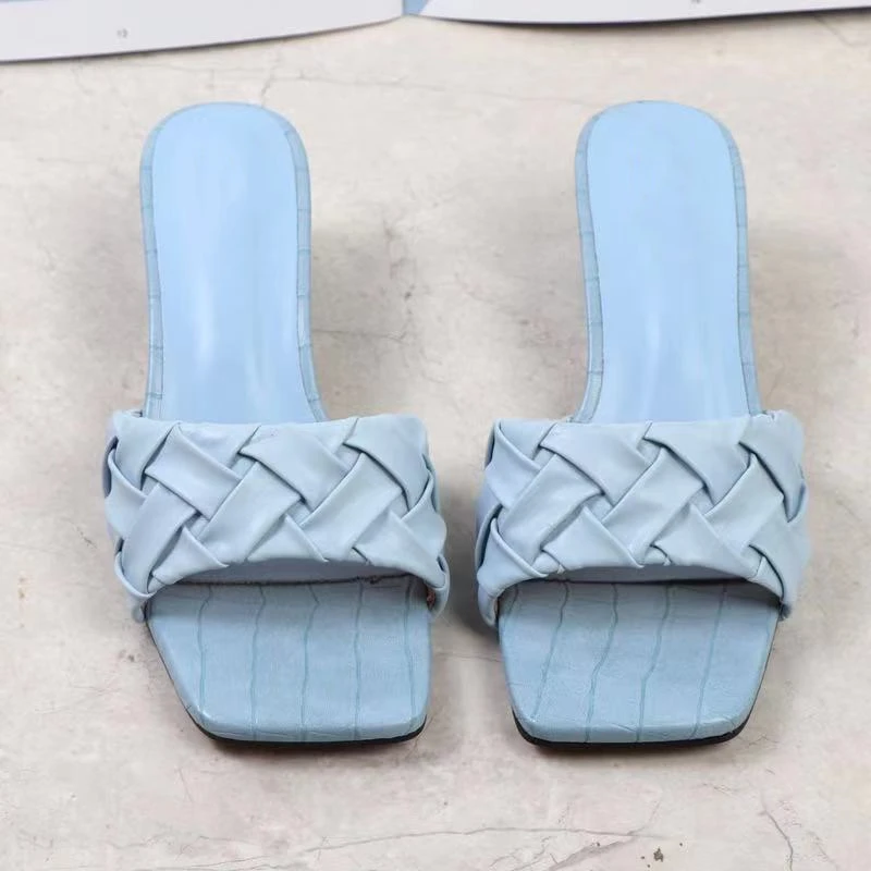 

Creative Designer Midi Heels Shoes for Women Fashion Square Toe Braiding Band Summer Sexy Sandal Latest Slipper
