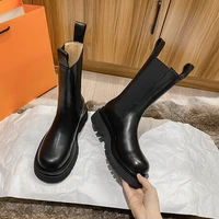 luxury brand women ankle boots winter autumn shoes platform boots black slip on warm fur leather chunky heel chelsea boots bv