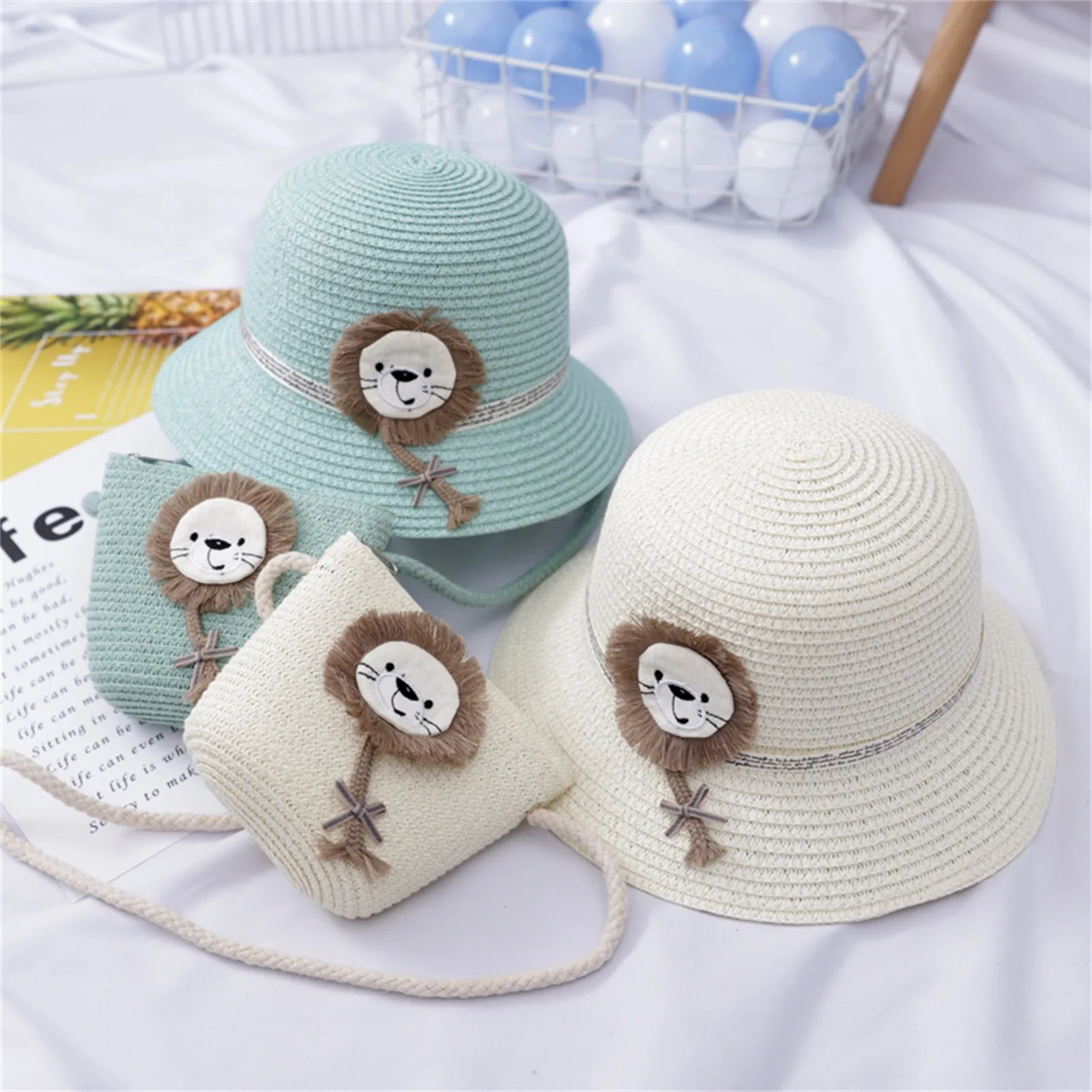 

2021unisex Children Childlike Lovely Cartoon Lion Pattern Sunshade Hat Straw Beach Sun Hat And Straw Bag Set