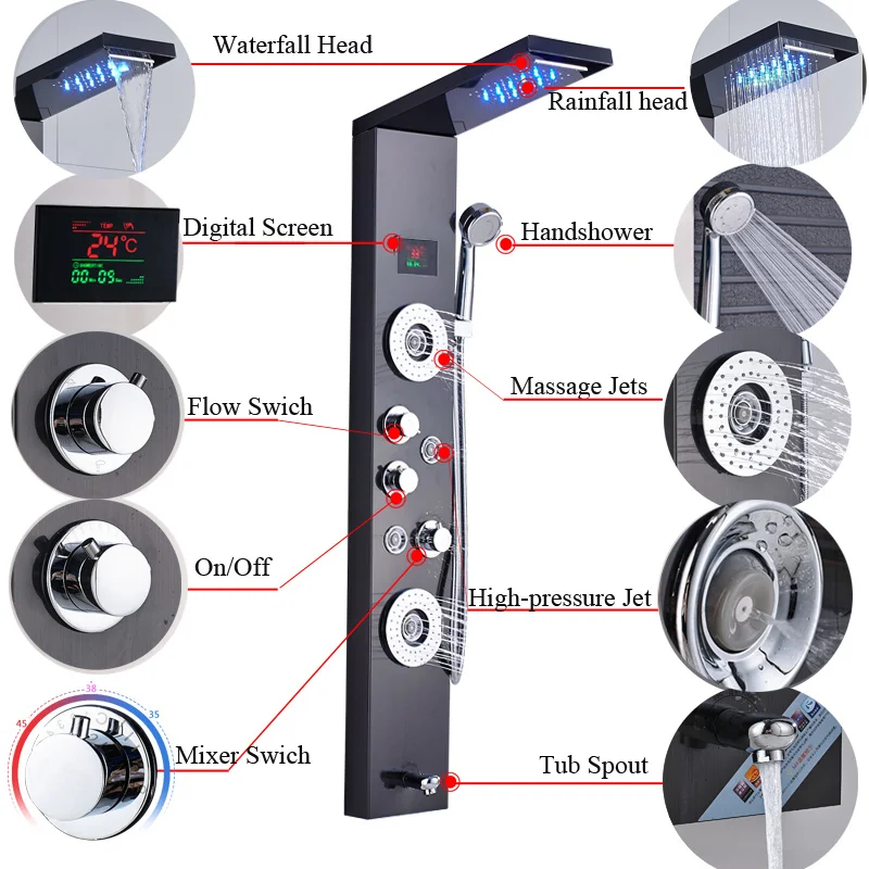 Beste Nieuw Luxe Zwart/Geborsteld Badkamer Kraan Led Douche Panel Kolom Bad Mengkraan Met Handdouche Temperatuur Screen