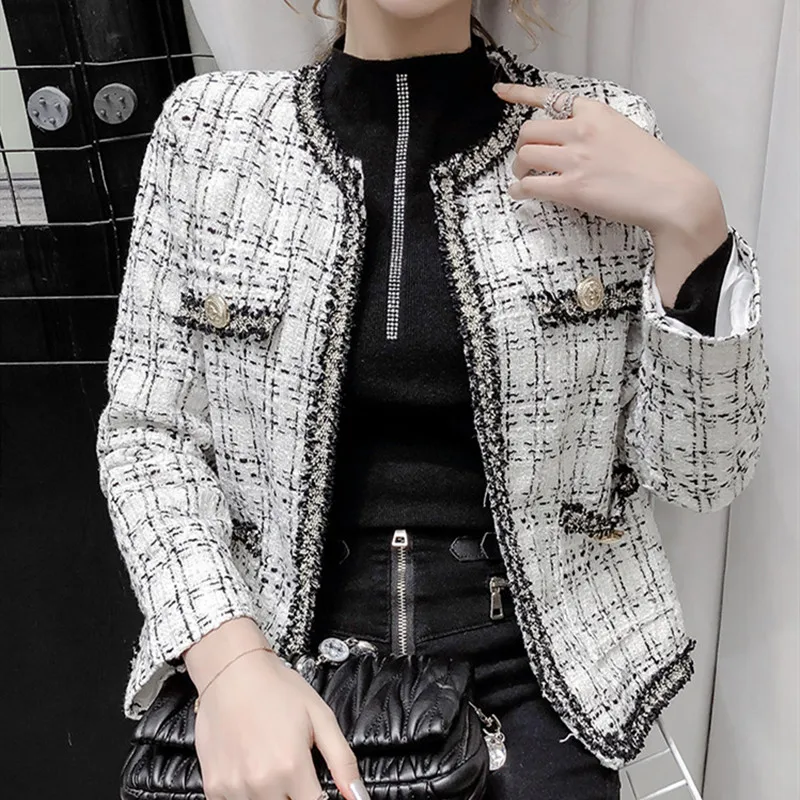 Runway Spring And Autumn Patchwork Round Neck Female Tweed Small Fragrance Coat Elegant Single-Breasted Jacket Outerwear